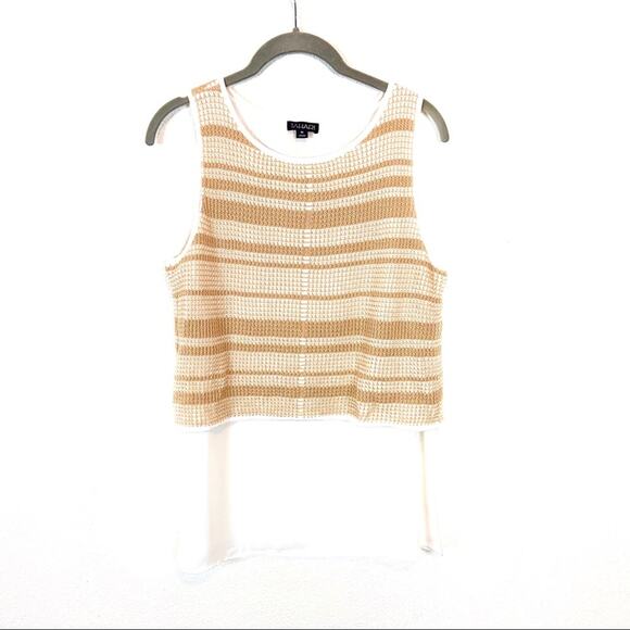 Tahari Layered Tank Sheer Crepe Cotton Knit Tan Stripe Classic Coastal Grandmo - Picture 2 of 11